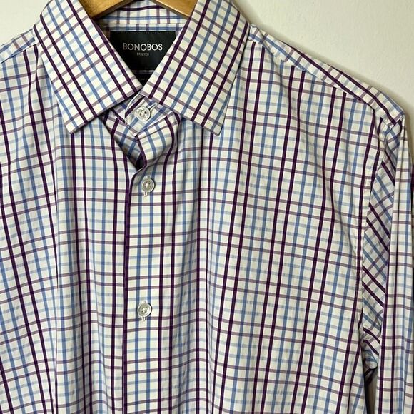 BONOBOS Men’s Slim Fit Professional Dress Shirt 16 | 35 Plaid Purple Blue White - Picture 2 of 7